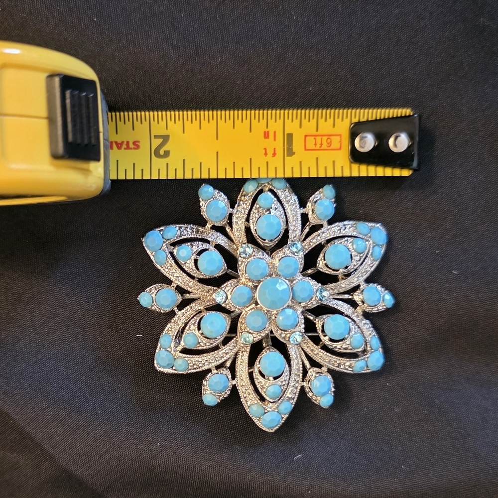 Vintage Silver-Tone Faux Turquoise Flower Brooch Pin - Picture 5 of 6